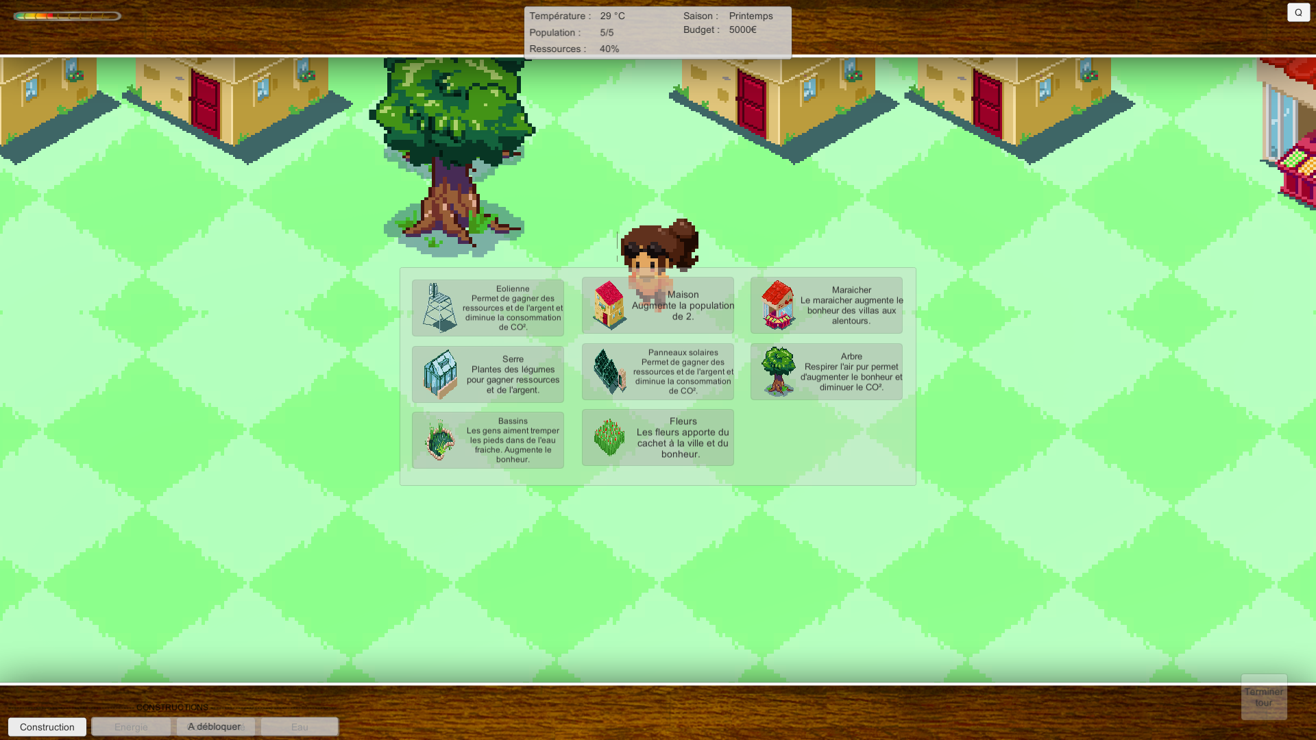 Ecran de jeu avec le menu des constructions.